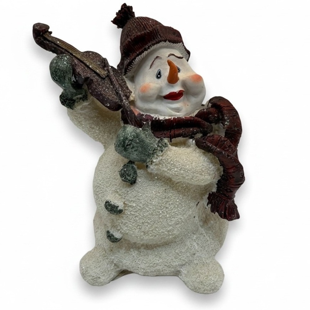 K's Collection Snowman Figurine Playing Violin Frosted Glitter Christmas Vintage